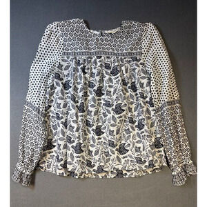 Boden Gracie Cotton Blouse Size 10 Blue White Multi Pattern Elasticated Sleeves